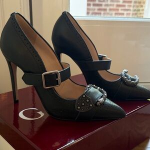 Gucci Black Leather Mary Jane Heels with Embellished Buckle